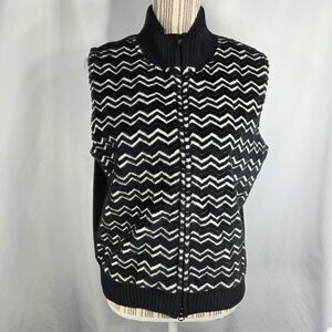 Talbots Black & White Front Black Back Fuzzy High Neck Full Zip Vest Size Medium